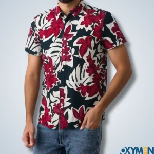 Crimson & Black Hawaiian Floral Print Half Sleeve Casual Shirt