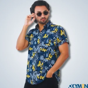 Dark Blue & Yellow Color Hawaiian Print Half Sleeve Casual Shirt