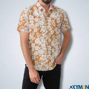 Persian Orange Color Hawaiian Floral Print Half Sleeve Casual Shirt